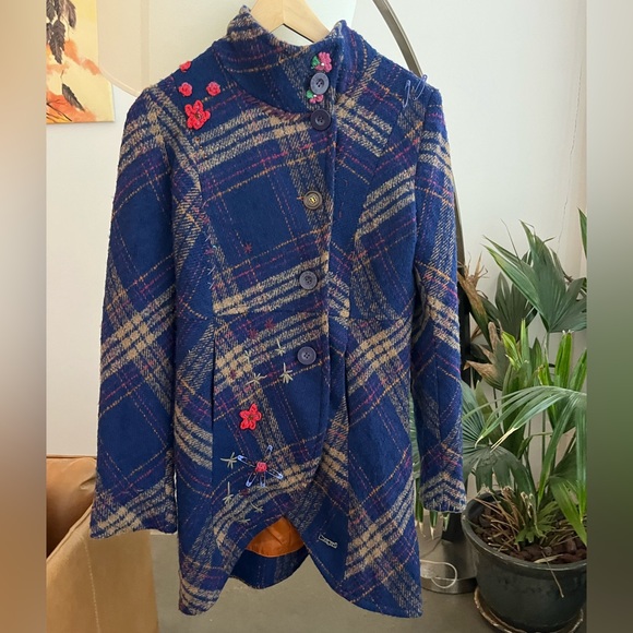 Desigual Embroidered Plaid Wool Coat - Picture 2 of 9